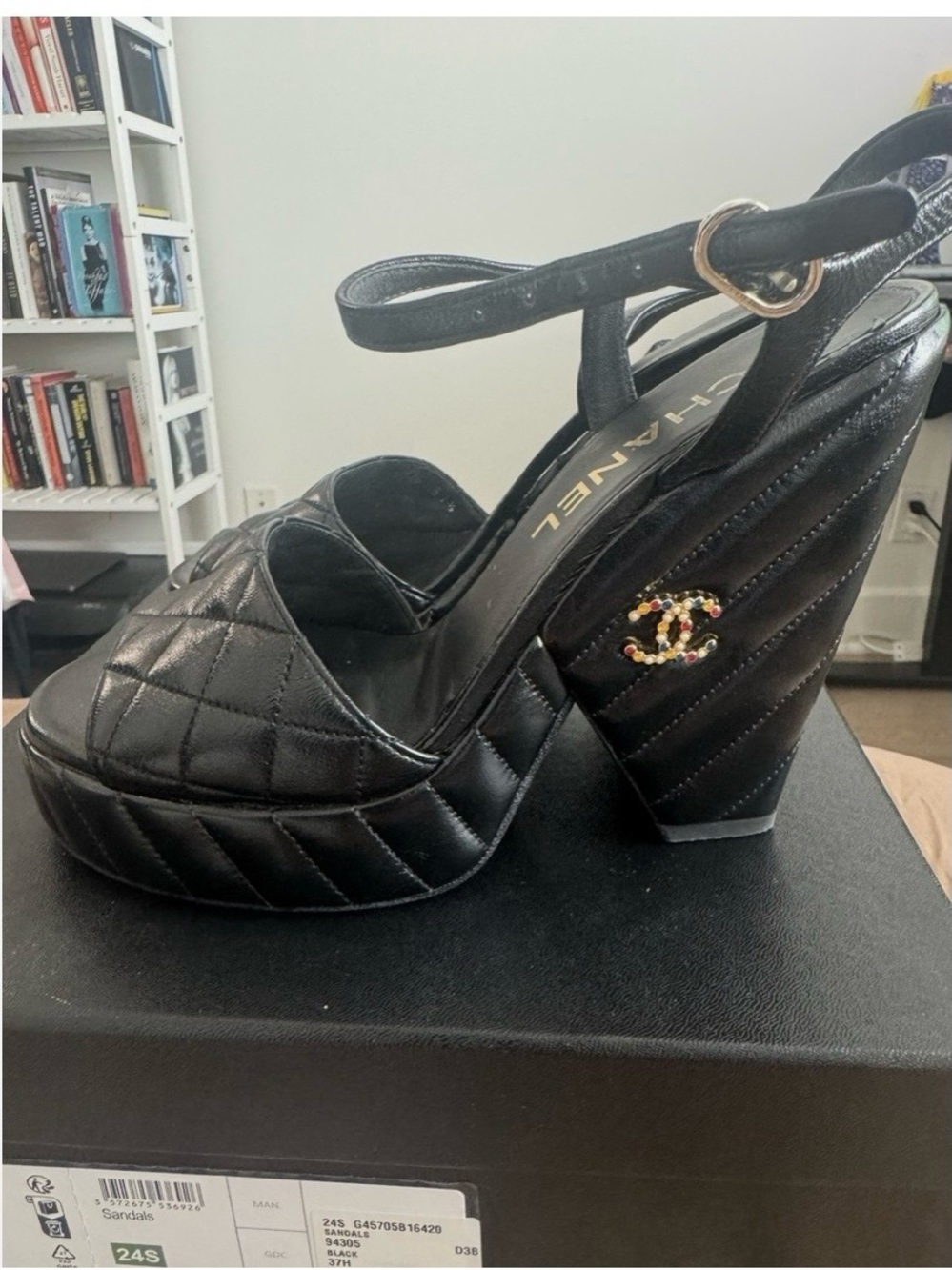 CHANEL Black Quilted Leather Platform Sandals -size 7 - Picture 4 of 17